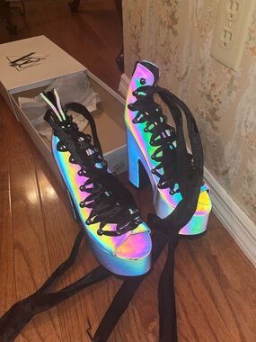 YRU Ballet Bae Rainbow Reflective Purple/Green Lace Up Platforms